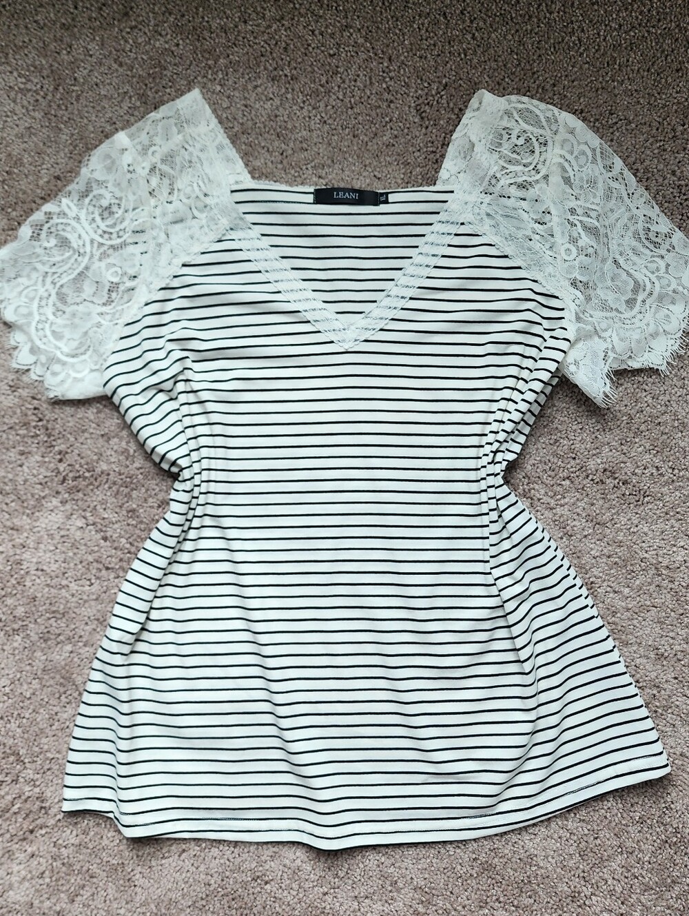 Striped Lace-Sleeve V-Neck Tee